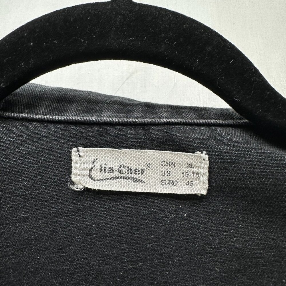 Elia Cher Cropped Denim Jacket Womens XL Pockets Frayed Hem Biker Grunge Black - Picture 11 of 13